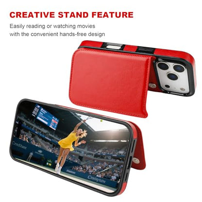 ONETOP for iPhone 17 Pro Wallet Case with Credit Card Holder,Red | Kickstand,ID/Cash Holder,Case Wallet with Card Slots,Double Magnetic Clasp,Durable PU Leather Shockproof Cover for Women Men - color: Red