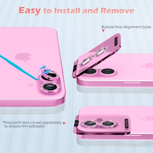 imluckies for iPhone 16 / iPhone 16 Plus Camera Lens Protector, AR+AF Tempered Glass 9H Anti-Scratch Metal Individual Lens Cover, HD Clear Camera Accessories, Glitter Pink - color: Glitter Pink