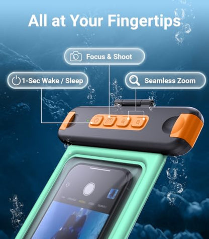 IP68 Bluetooth Shutter Waterproof Phone Pouch Case,Floating,Green | Hands-Free Photo & Video Underwater Control.Large Waterproof Phone Case Universal Fit for 8.5" Phone(iPhone Samsung Google) - color: Green