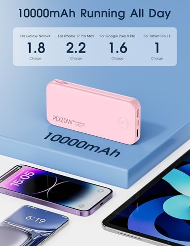 Nusyddy Portable Charger 10000mAh Fast Charging w/Built-in Wall Plug Pink - color: Pink