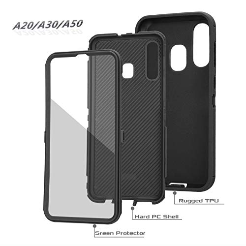 Heavy Duty Defender Armor Case for Samsung Galaxy A20/A30/A50 - Built-in Screen Protector - Black - color: Black