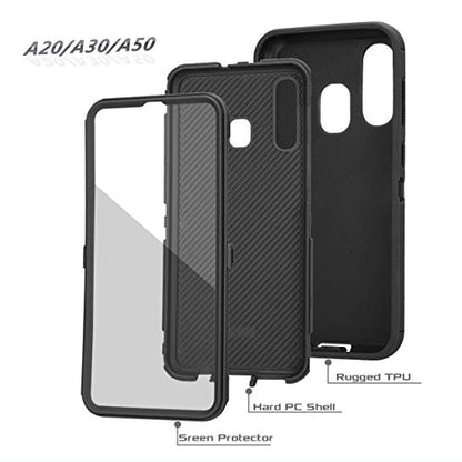 Heavy Duty Defender Armor Case for Samsung Galaxy A20/A30/A50 - Built-in Screen Protector - Black - color: Black