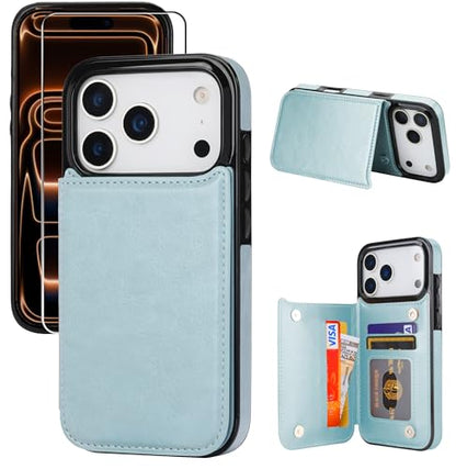for iPhone 17 Pro Max Wallet Case with Screen Protector, Slim PU Leather Protective Case with Card Holder[RFID Blocking] Kickstand Cover 6.9“-Ice Blue - color: Ice Blue