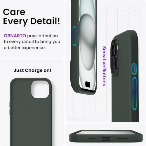 ORNARTO Compatible with iPhone 15 Case 6.1, Slim Liquid Silicone 3 Layers Full Covered Soft Gel Rubber Phone Case, Anti-Scratch Shockproof Protective Cover 6.1 Inch, Dark Moss - color: Dark Moss
