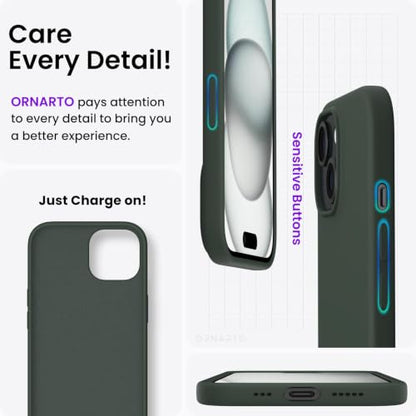 ORNARTO Compatible with iPhone 15 Case 6.1, Slim Liquid Silicone 3 Layers Full Covered Soft Gel Rubber Phone Case, Anti-Scratch Shockproof Protective Cover 6.1 Inch, Dark Moss - color: Dark Moss
