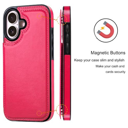 Wallet Case Compatible with iPhone 16 Plus 6.7”, Slim Protective Case with Card Holder,Premium PU Leather Kickstand Card Slots Case with Double Magnetic Clasp-Rosered - color: Rosered, size: iphone 16 Plus 6.7"