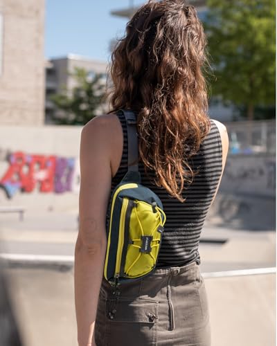 WATERFLY Small Fanny Pack RFID Blocking Travel Hiking Crossbody Waist Bag | Anti-theft design, Water resistant, Lockable zipper, Hidden rear pocket, Lightweight hip belt bag, EDC Running, Cycling, Gym - color: Yellow-Blue