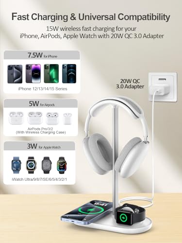 Headphone Stand with Wireless Charger, Holder for Airpods Max/iPhone/iWatch - color: Cream White