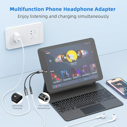 2-in-1 Lightning to 3.5mm Jack Headphone and Charger Cable Adapter,Earphones Converter Splitter Support Music+Charge+HiFi+Mic+Control for iPhone 14 Pro Max/14 13 12 11【Apple MFi Certified