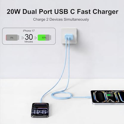 iPhone 18 17 16 15 Charger Fast Charging, 20W Dual Port USB C Charger Block - color: Blue