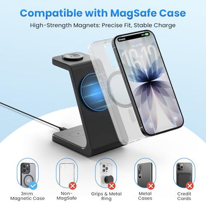 15W Charging Station for iPhone 17: JoyGeek 3-in-1 Fast Wireless & Magnetic Charger for Magsafe, iPhone 17-12, Apple Watch Ultra 2-11 & AirPods 2-4, Includes 30W PD Adapter - color: Matte Black