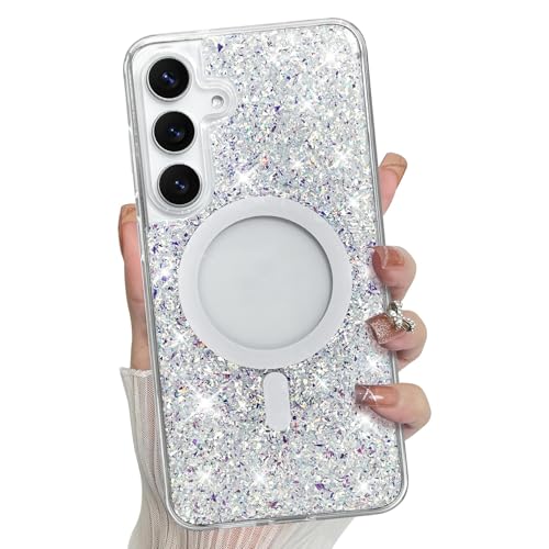 Bonoma for Samsung Galaxy S25 Case Sparkly Glitter Bling Back -Crystal | Magnetic Support for MagSafe Shockproof Case, Crystal and Clear High-Duty Protection for Phone Case - color: Glitter Crystal, size: Samsung Galaxy S25