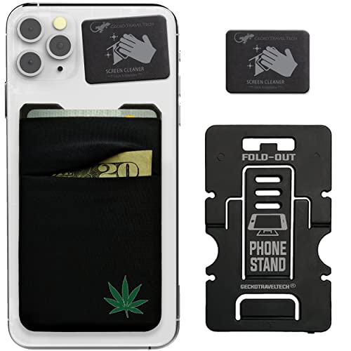 Gecko Travel Tech Double Pocket - Adhesive Card Holder - Cell Phone Pouch - Stick on Spandex Pocket - Carry Credit Cards and Cash (Weed) - color: WEED