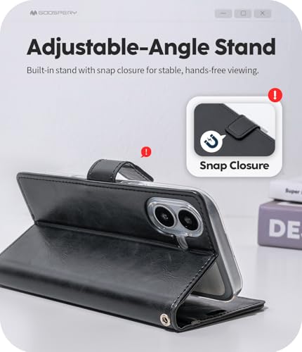GOOSPERY Bluemoon Folio Wallet Case for iPhone 17, Flip Cover with Card Holder, Kickstand, Magnetic Closure, Shockproof TPU + PU Leather - Black - color: Black, size: iPhone 17