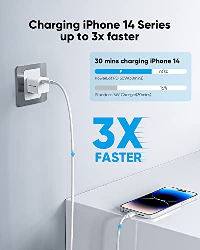 30W USB-C Power Adapter PowerLot GaN III USB C Wall Charger, PD USBC Fast Charger Block for iPhone 15/15 Pro/15 Pro Max/15 Plus/14/13/12/11, Pixel 7/7 Pro, iPad Pro/Air, AirPods, iWatch, MacBook Air - color: 30W