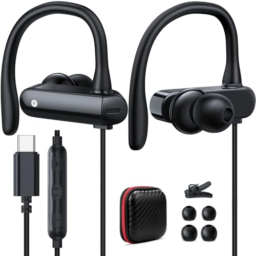 USB C Headphones Over Ear Hook Kids Sport USB-C Wired Earbuds with Loop Mic - color: Black