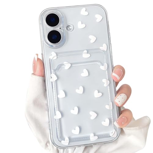NITITOP Compatible with iPhone 16 Plus Case Clear with Card Holder Cute White Love Heart Pattern Design Design Soft TPU Shock-Absorbing Wallet Case Protective Cover - White - color: White, size: iPhone 16 Plus