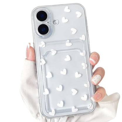 NITITOP Compatible with iPhone 16 Plus Case Clear with Card Holder Cute White Love Heart Pattern Design Design Soft TPU Shock-Absorbing Wallet Case Protective Cover - White - color: White, size: iPhone 16 Plus