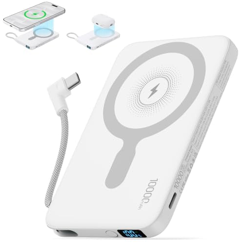 2026 Updated M3 Ultra Slim 0.4'' Wireless Power Bank with Built in Cable - color: White