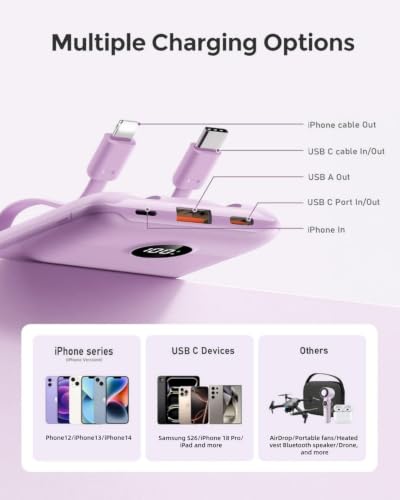 Mini Portable Charger with Built-in Cables 22.5W Fast Charging Power Bank USB-C Small Battery Pack 10000mAh Travel Essential Slim Battery for iPhone 17/16/15/14, Samsung 25/24, and More - color: Purple
