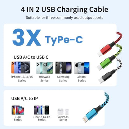 Cruise Essentials 4 in 2 Multi Charging Cable, USBA/ C Phone Charger Cord - color: Red&Blue&White&Green