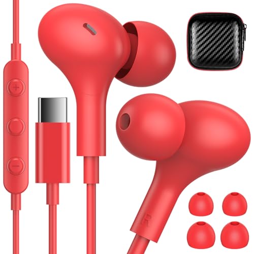USB C Headphones for Apple/iPhone Duo 18 17 16 15 Wired Earbuds with Case - color: Red