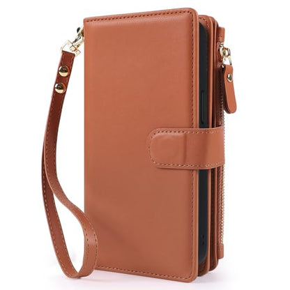Magnetic Case for iPhone 16E Wallet Compatible with Magsafe RFID Blocking Card Holder Detachable Phone Cover Kickstand Snap Strap Zipper Pocket PU Leather (Brown) - color: Brown, size: iPhone 16e