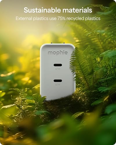 Mophie Speedport 67 GAN USB-C Charger Block - 67W Fast Wall Charger with 2 USB‑C PD Ports, Retractable Cable, Compact Foldable Prongs, Made with Recycled Materials, for Smartphones & Tablets - style: 67W