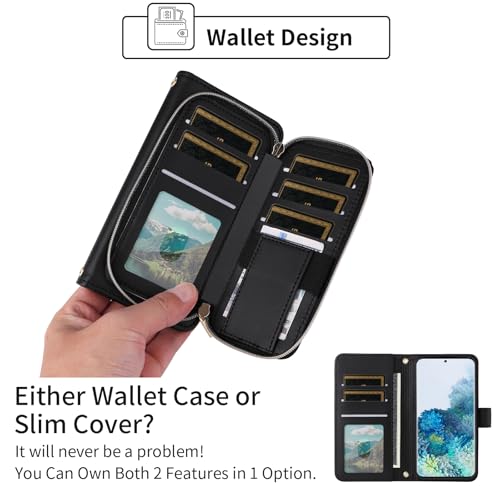 Wallet Case for Samsung Galaxy S20 Plus S20+ 5G with Wrist Strap, 9+ Card Slots Zipper Purse, Luxury PU Leather Stand Full Body Phone Cover for S20+5G S20plus 20S + S2O S 20 20+ G5 Women Black | Wrist/Shoulder Strap, Card Slots, Zipper Purse, PU Leather S