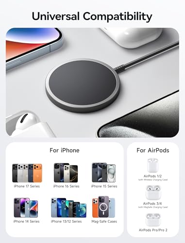JSAUX Magnetic Wireless Charger Compatible with MagSafe Charger/iPhone 16/16 Pro/16 Plus/16 Pro Max/iPhone 15 Pro Max Plus/iPhone 14 13 12 Series, Wireless Mag Safe Charging Pad, Mag Charger (Black) | For 15W MagSafe iPhone 17 Air Pro Max/16/15/14/13/12 S