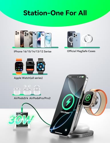 Qi2 3 in 1 Wireless Charging Station,JOYROOM 15W Fast Wireless Charger Stand for iPhone 16/15/14/13, Apple Watch, AirPods, Magnetic Foldable for MagSafe Charger for Multiple Devices (with 30w Adapter)