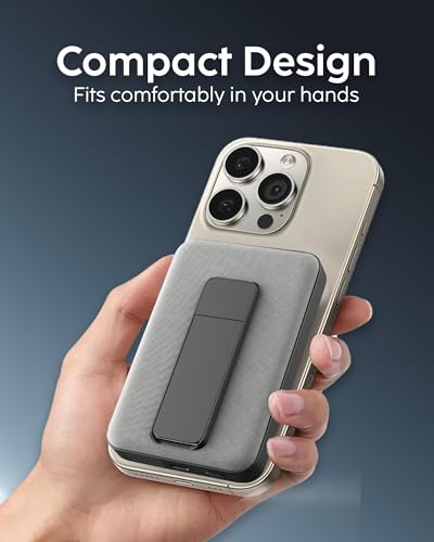 myCharge CliqLuxe Magnetic Wireless Power Bank 10,000mAh | iPhone & MagSafe Compatible | Qi2.2 25W Mag Safe Portable Charger | Built-in Stand | 20W PD USB-C Port | Premium Grey Fabric - size: 10K, style: Without Wall Plug (Grey)