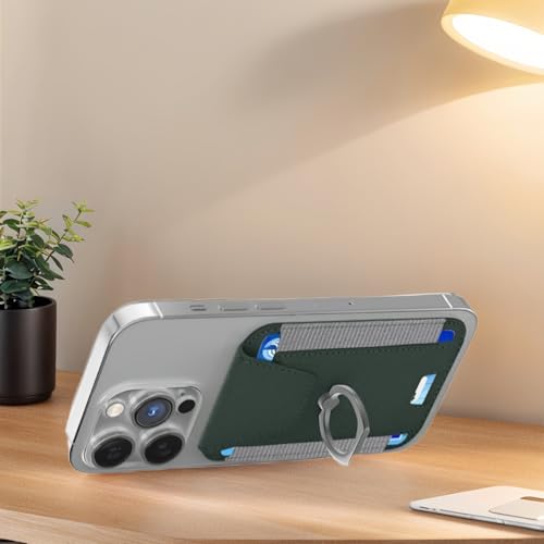 Magnetic Card Wallet Holder For Magsafe Wallets with Grip, 7 Cards Holder RFID Blocking, Ring Stand Stick on Wallet, Leather Magnetic Phone Wallet with Privacy Flap - color: green elastic circular support
