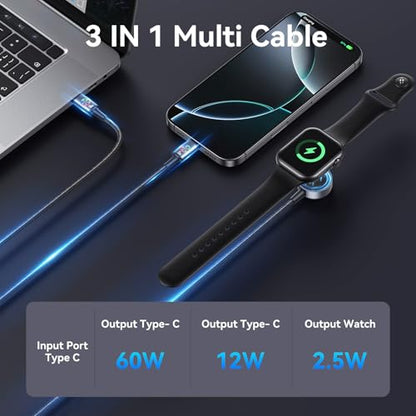72W Super Fast Charging 3-in-1 Multi Charging Cable, Dual USB-C Ports for iWatch Ultra/SE/10-1/iPhone 17/16/15 Pro, Multi Charger for Apple Watch, Galaxy Phone Travel Essentials - size: 4 feet