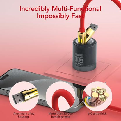 MFish 240W 4-in-1 Fast Charging Cable, Red, 6.6FT - color: Red, size: 6.6FT