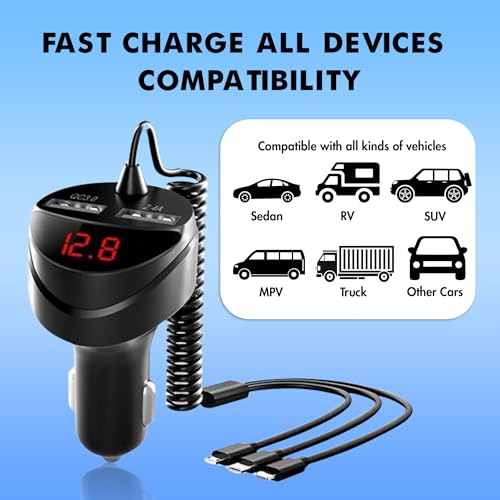 Retractable Car Charger 5 in 1 with Voltage Monitoring LED Display - 18W Car Phone Charger with Built-in Retractable Charging Cable Compatible with iPhone, Samsung & Android Phones