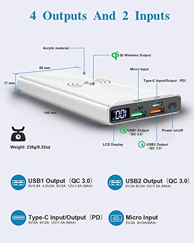 Wireless Portable Charger, Ultra Slim PD20W USB C Fast Charging 10000mAh Power Bank LED Display, External Battery Pack, Travel Essential Phone Powerbank for iPhone 17 16 Samsung S25 Google etc (white) - color: white