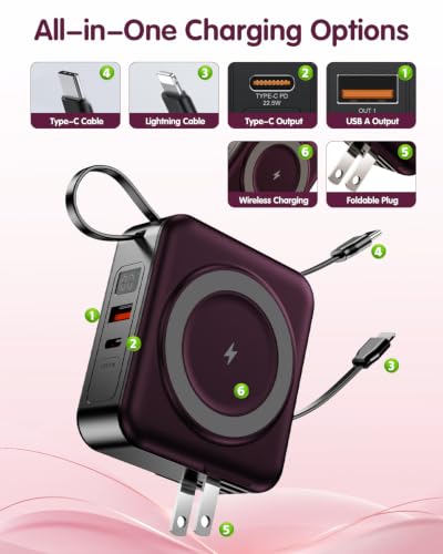 10000mAh for Magsafe Portable Charger Built-in Cables & AC Wall Plug,Purple - color: Purple