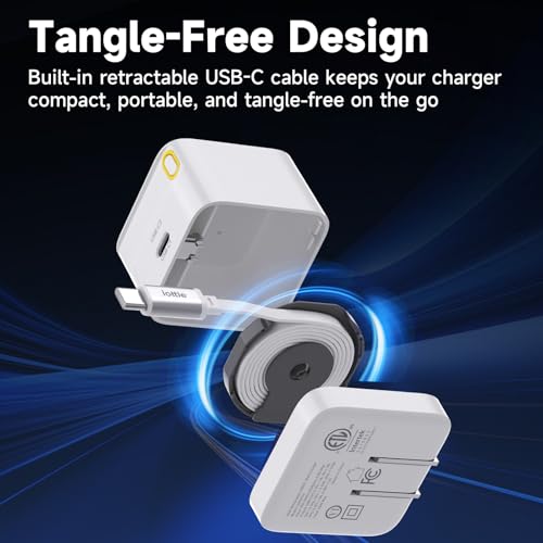 Basix by iOttie 35W GaN Wall Charger with Built-in Retractable USB-C Cable and Extra USB-C Port, Dual Device Fast Charging, Compact Travel Charger with Folding Prongs