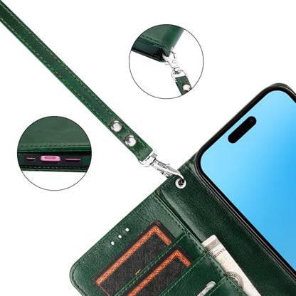 Bocasal Detachable Wallet Case Card Holder for iPhone 16, Green | RFID Blocking Kickstand Card Slots Holder PU Leather Magnetic Shockproof Wrist Strap Removable Flip Protective Cover 6.1 inch - color: Green