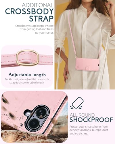 OCASE for iPhone 16 Wallet Case, PU Leather Crossbody Phone Case with Removable Shoulder Strap, Kickstand, RFID Blocking Card Slots, Flip Folio Phone Cover 6.1 Inch 2024, Light Pink - color: Light Pink, size: iPhone 16