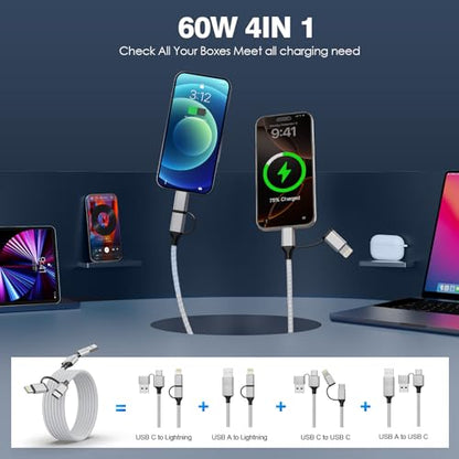4-in-1 Long iPhone USB C Cable 60W 20FT USB C Lightning Cable [Fast Charging&Data Transfer] Nylon Braided Apple Charger Cable for iPhone iPad Mac Multi Charge Wire Combo with L/Type C/USB A Port Grey
