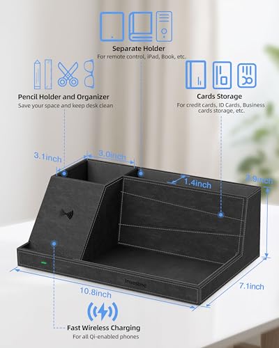 Wireless Charger with Desk Organizer, Fast Charging Station - color: Black-PU leather