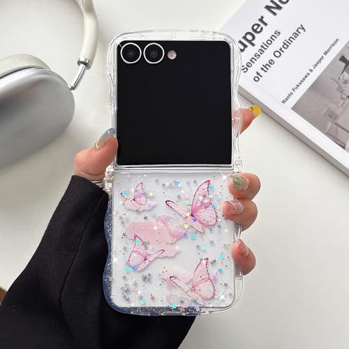 UEEBAI Wave Butterfly Case for Samsung Galaxy Z Flip 7 5G Case, Pretty Bling Star Butterfly Cute Shiny Glitter Phone Cover for Girls Bling Clear Cover Curly Shockproof Girly - White - color: Clear, size: Z Flip 7 5G