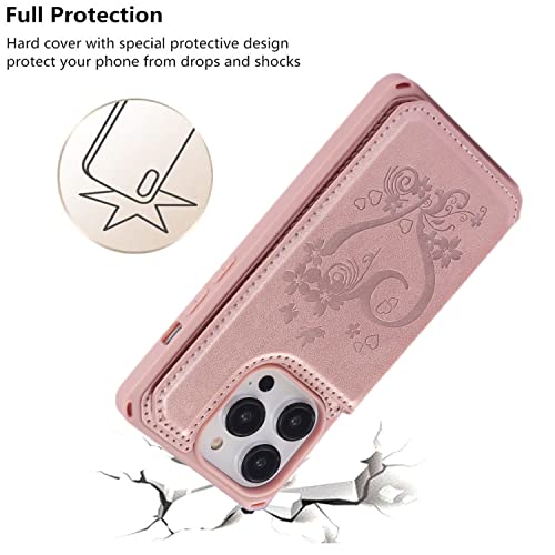 iCoverCase Compatible with iPhone 14 Pro Wallet Phone Case with Card Holder for Women, RFID Blocking Embossed PU Leather Wrist Strap Case 6.1 Inch (Heart Rose Gold) - color: H-Rose Gold