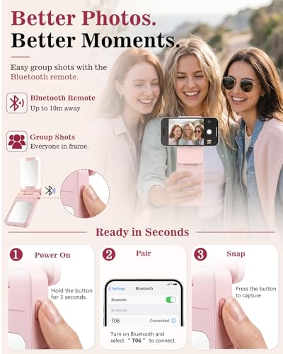5-in-1 Magnetic Wireless Power Bank, 5000mAh Portable Charger with Mirror, Stand, Bluetooth Remote & Card Holder, MagSafe Compatible Travel Essential for iPhone&Samsung, USB-C Cable Included, Pink