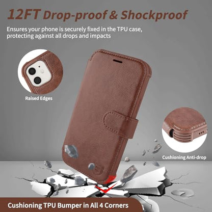 VANAVAGY Wallet Case for iPhone 11 6.1 inch, Brown | 12ft Drop-proof Cover for Women Men, Silm PU Leather, RFID Blocking Card Holder, Wrist Strap, Screen Protector - color: Brown