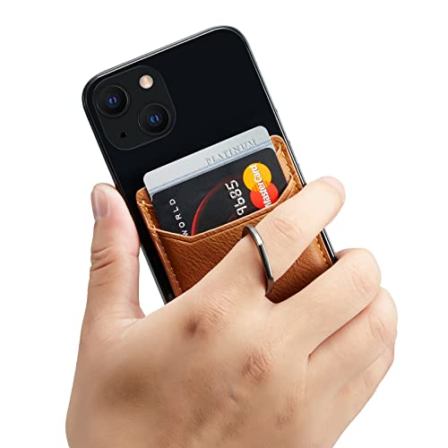 Card Holder Sleeve with Ring, RFID Credit Wallet Synthetic Leather Stick On Back Grip for iPhone Samsung Smartphone - Brown - color: Cow Brown