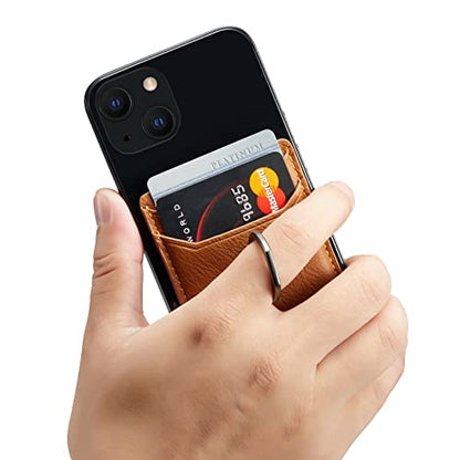 Card Holder Sleeve with Ring, RFID Credit Wallet Synthetic Leather Stick On Back Grip for iPhone Samsung Smartphone - Brown - color: Cow Brown