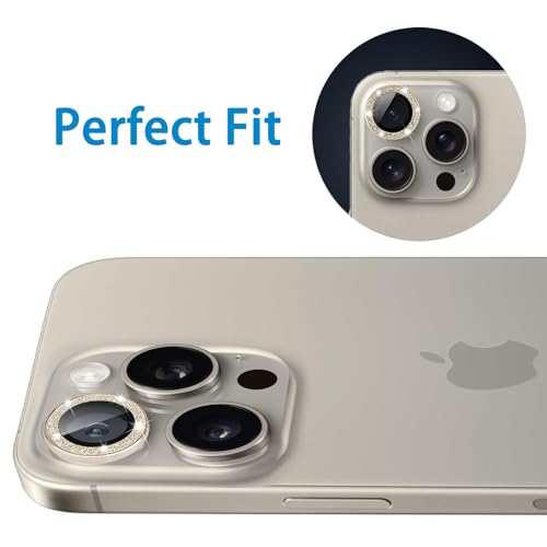 Compatible with iPhone 15 Pro & 15 Pro Max Camera Lens Protector, Bling Glitter Diamond Lens Cover 9H Tempered Glass Camera Cover Anti Scratch Shockproof Screen Protector - Natural Titanium - color: Natural Titanium Glitter